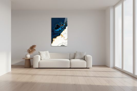 Abstract art print with blue, black, and gold on a white background