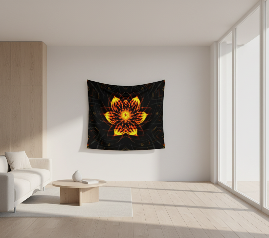 Floral tapestry with orange and yellow design on a white wall in a modern living room.