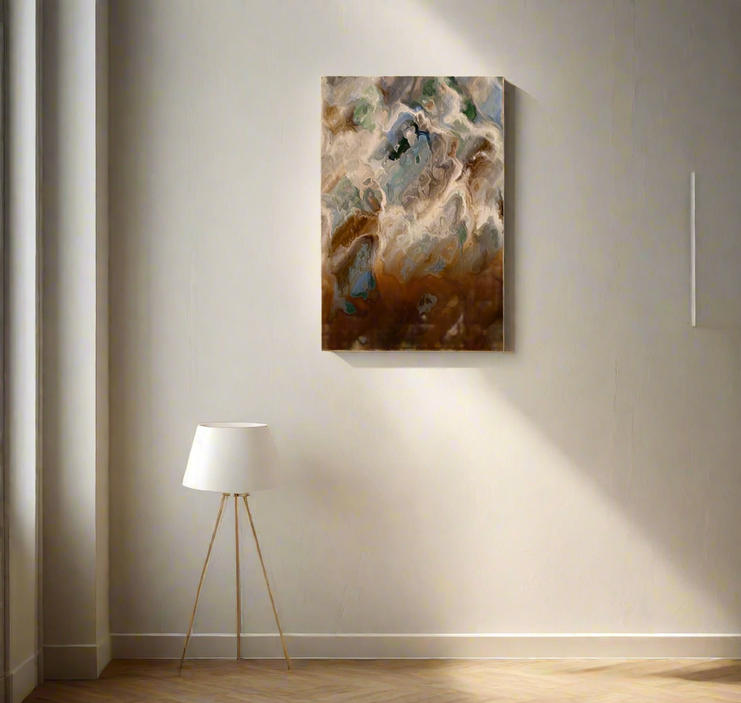 Abstract painting on a wall with a floor lamp below